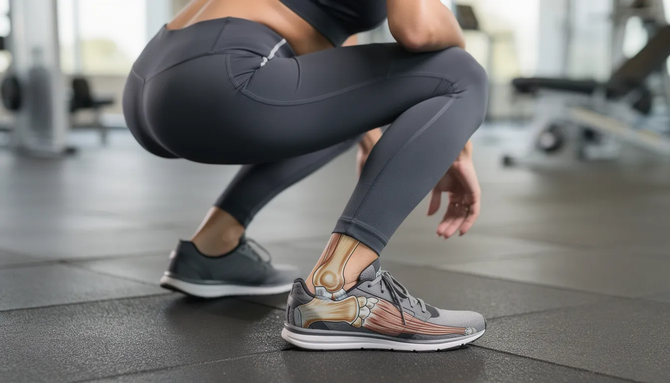 The image shows a person demonstrating ankle dorsiflexion during a deep squat, with their front knee moving forward and their torso leaning slightly forward to maintain balance. This movement highlights the importance of good ankle mobility and proper squat depth for improving ankle range of motion and preventing injuries.