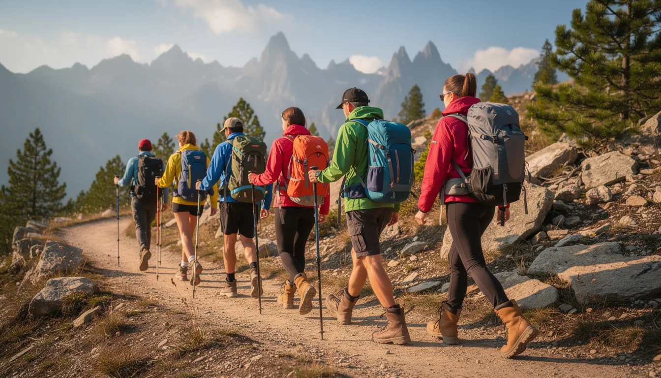 A group of outdoor enthusiasts is hiking along a scenic trail, featuring a diverse mix of male and female hikers dressed in vibrant hiking gear, each carrying backpacks. The image captures the spirit of adventure and camaraderie as they explore the great outdoors together.