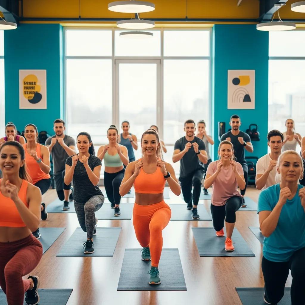 High-energy group fitness class led by an encouraging instructor