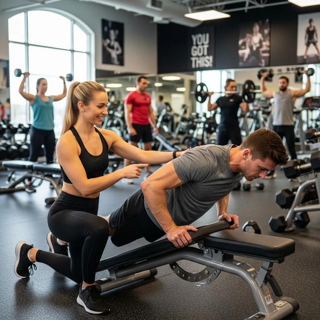 Trainer guiding a beginner through a modified exercise in a friendly gym setting