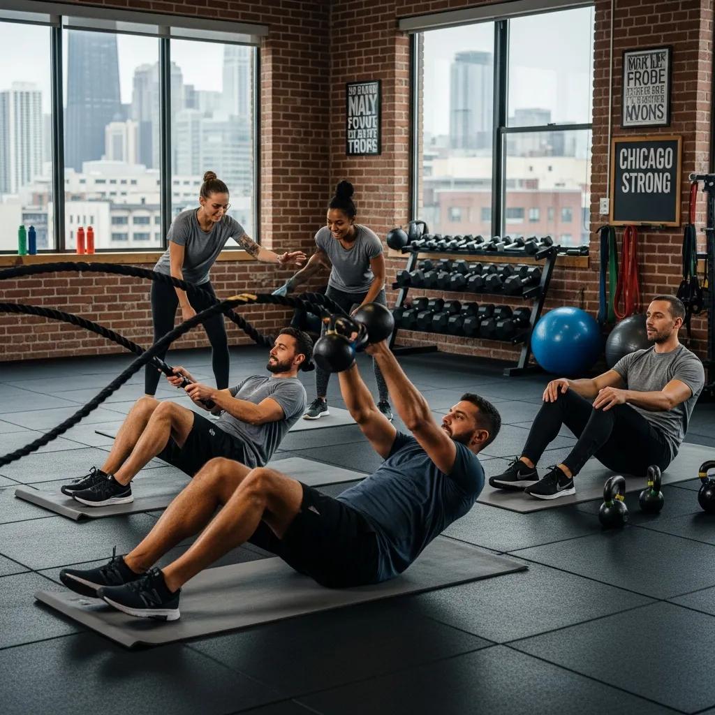 Small group fitness class in a Chicago gym, illustrating collaborative semi-private training options for busy professionals