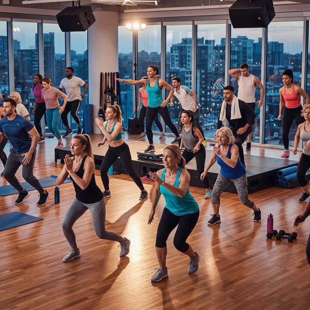 High-energy group fitness class with participants of varied experience, highlighting inclusivity and community